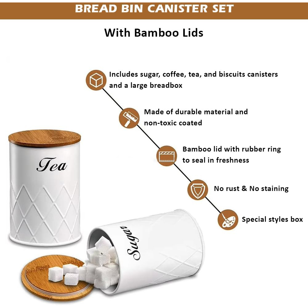 ATEK 5 Piece White Kitchen Canister Set with Bamboo Lids Image 2