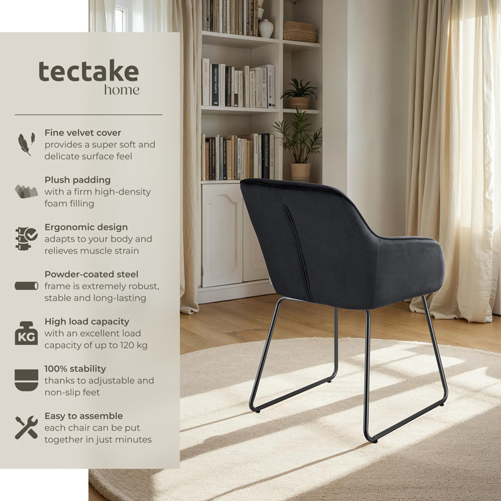 tectake Jeane Set of 6 Black Velvet Look Dining Chair Image 3