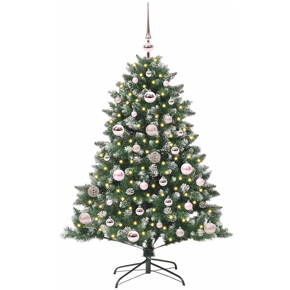 vidaXL Pre-Lit Pink Bauble Pinecones Green Snow Flocked Artificial Christmas Tree 4ft Image 1