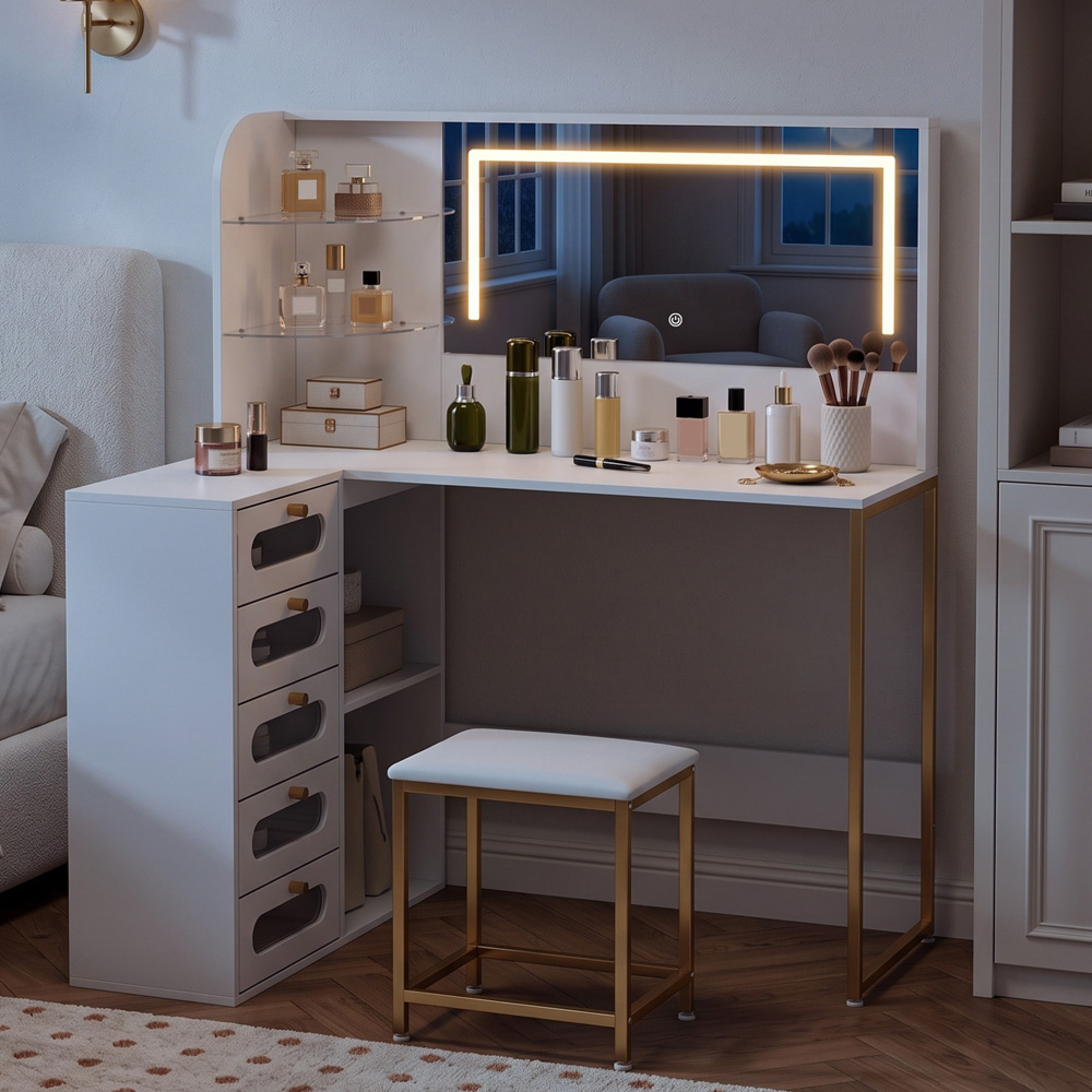 HOMCOM 5 Drawer 4 Shelf White Dressing Table with LED Mirror and Stool Image 3