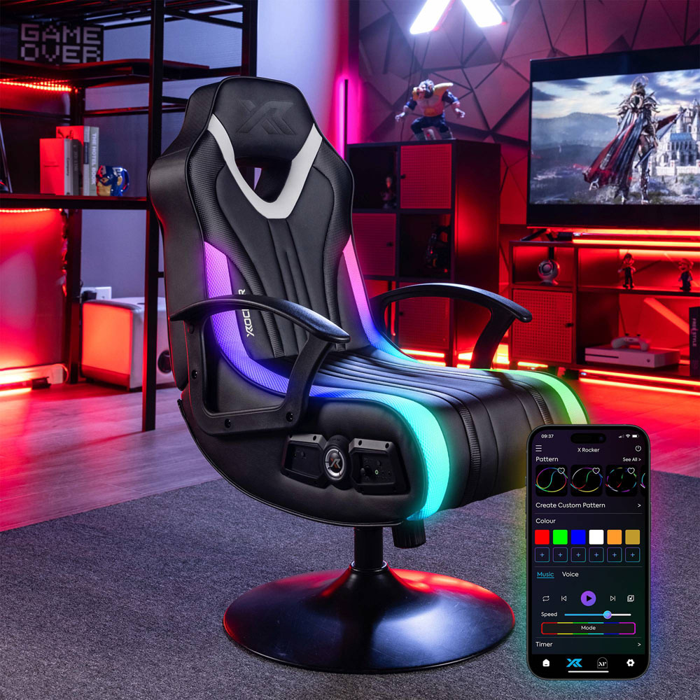 X Rocker Fury Black and White RGB LED Stereo Audio Pedestal Gaming Chair with Neo Motion App Control Image 2