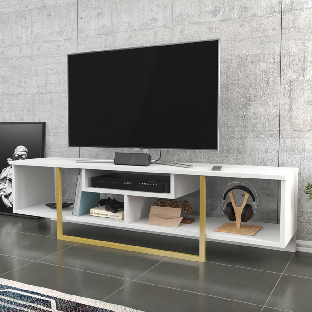 Decorotika Asal 3 Shelf White and Gold Modern TV Unit Image 1