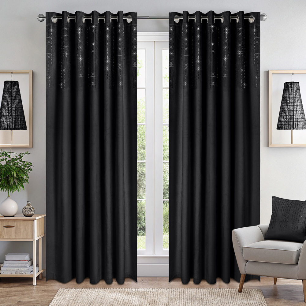 Alan Symonds Black Cascading Diamante Studs Velvet Blackout Ring Top Eyelet Curtains 117 x 183cm Image 7