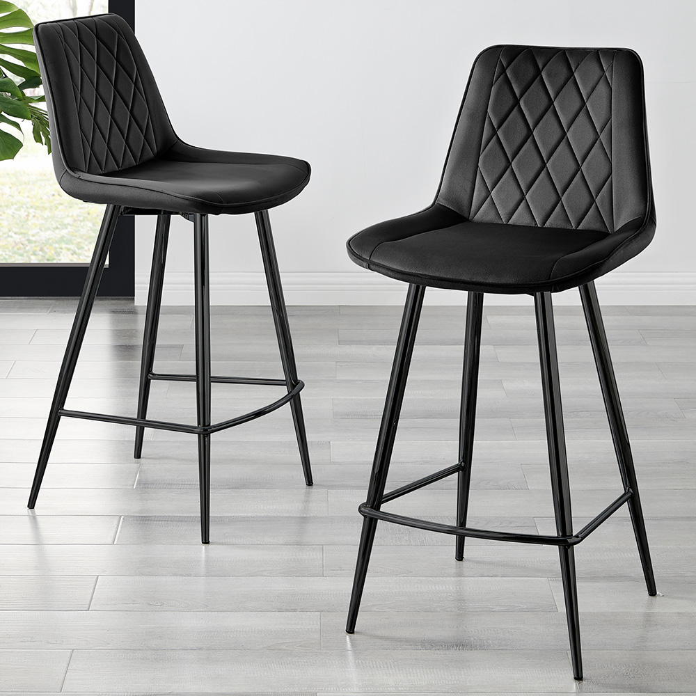 Furniturebox Set of 2 Black Velvet Bar Chairs Image 1