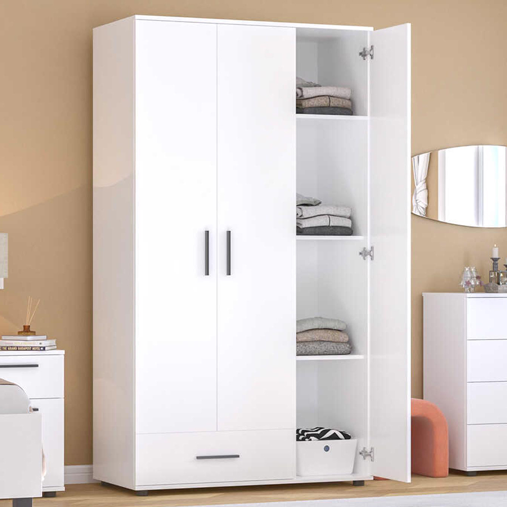 FWStyle 3 Door Single Drawer Matt White Triple Wardrobe Image 1