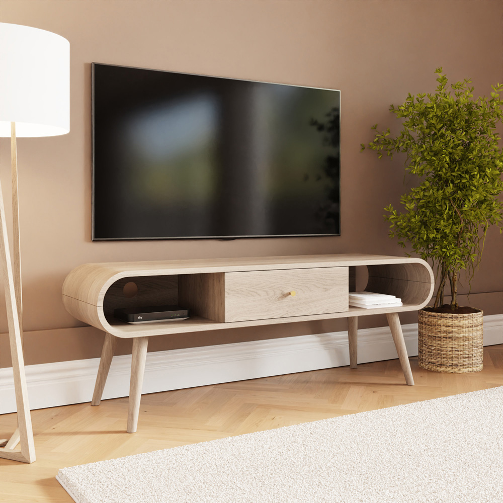 GFW Vionna Single Drawer Single Shelf Natural Oak Curved TV Unit Image 8