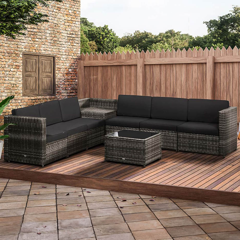 Outsunny 6 Seater Grey PE Rattan Sofa Lounge Set Image 1