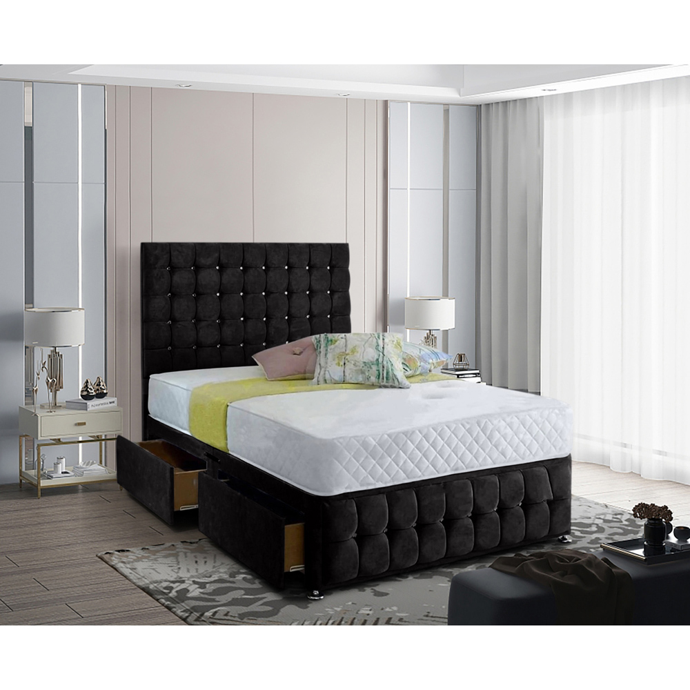 Eleganza Home Cloudrest Double Black Plush Velvet 2 Drawer Divan Bed with Headboard Image 2