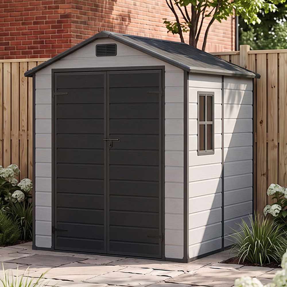 Living and Home 6 x 6ft Smokey Grey and Black Wood Grain Plastic Garden Storage Shed Image 1
