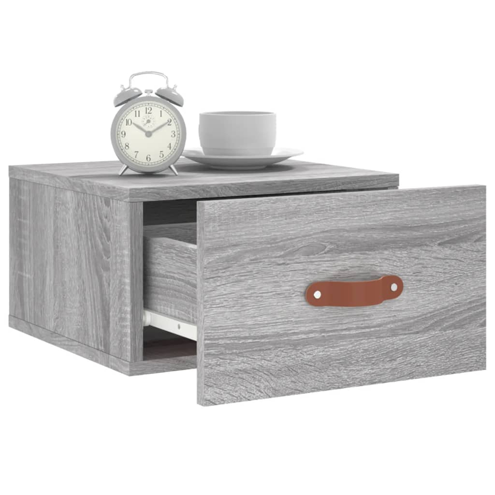 vidaXL Single Drawer Grey Sonoma Wall Mounted Bedside Cabinet with Brown Handle Image 4