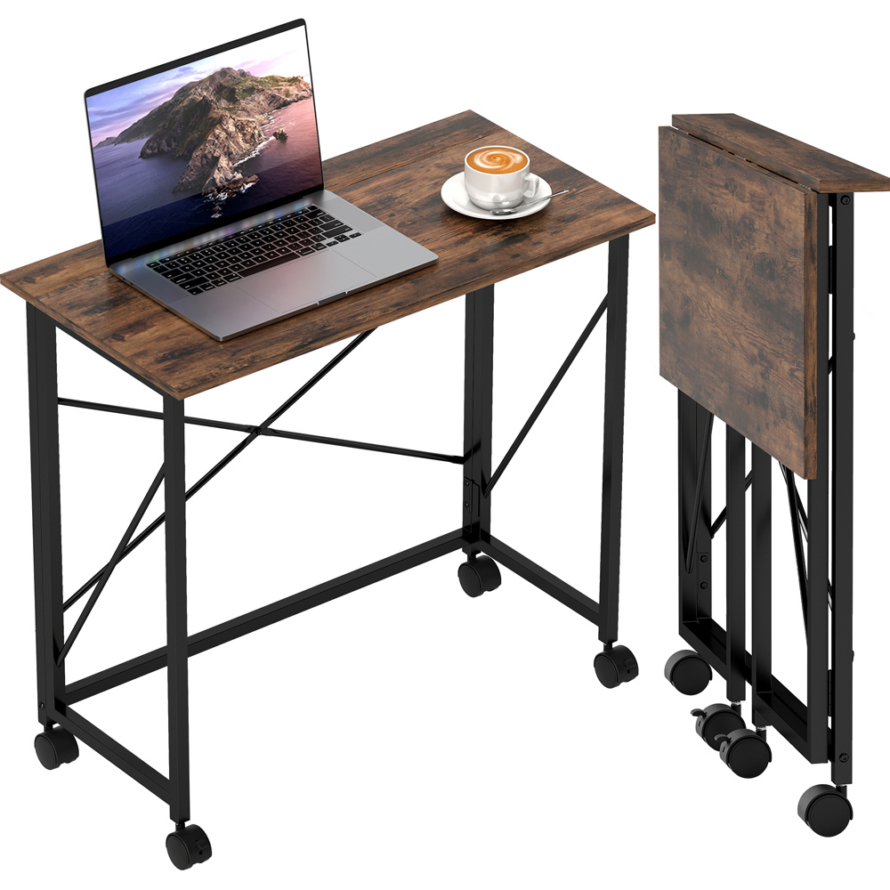 HOMCOM Brown Foldable Desk with Wheels Image 2