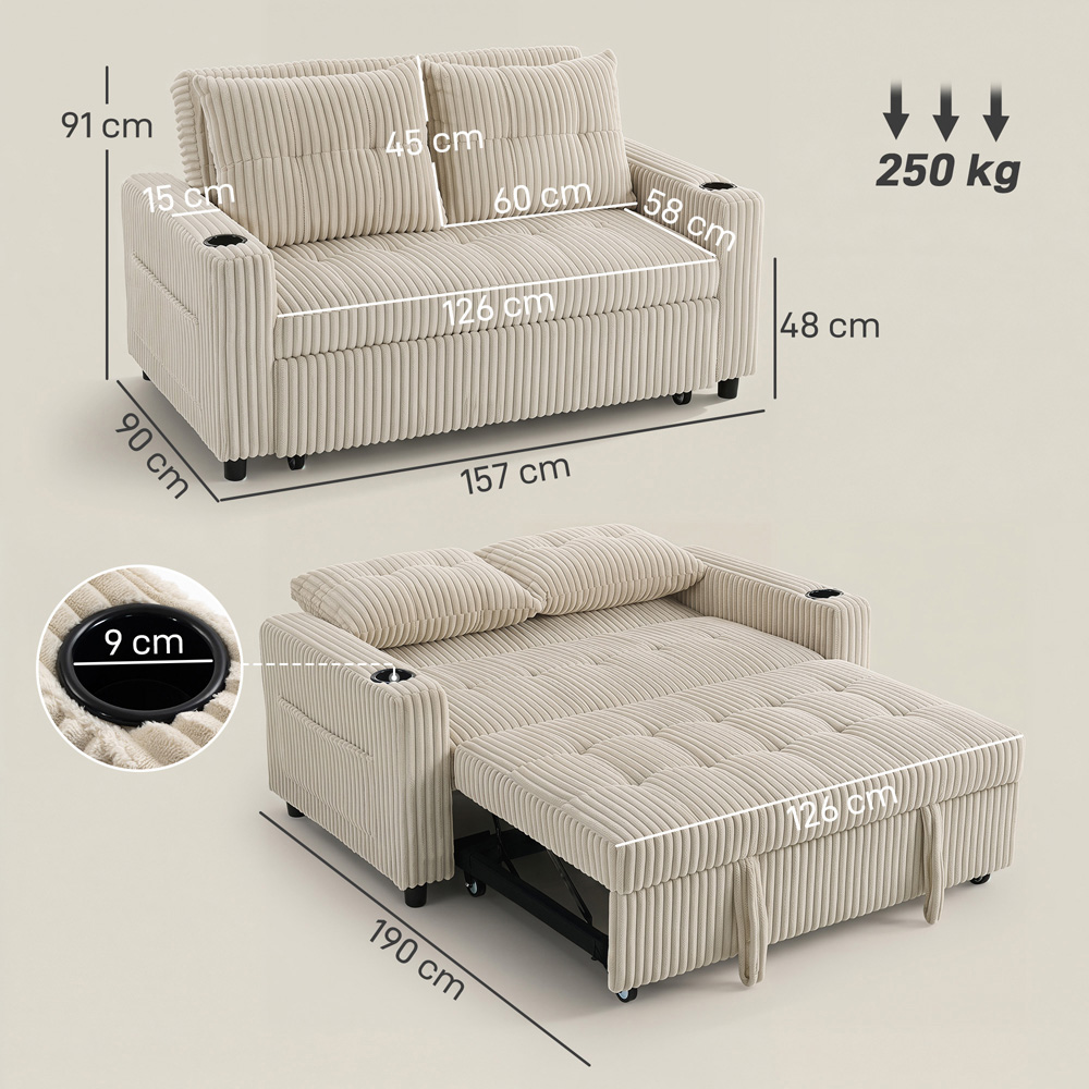 HOMCOM 3-in-1 2 Seater Cream White Corduroy Pull Out Sofa Bed Image 8