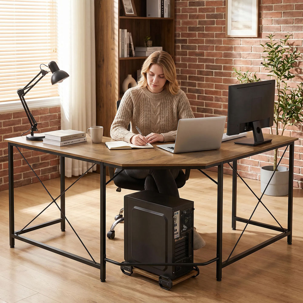 HOMCOM Industrial-Style L-Shaped Corner Computer Desk Wood-Effect Image 2