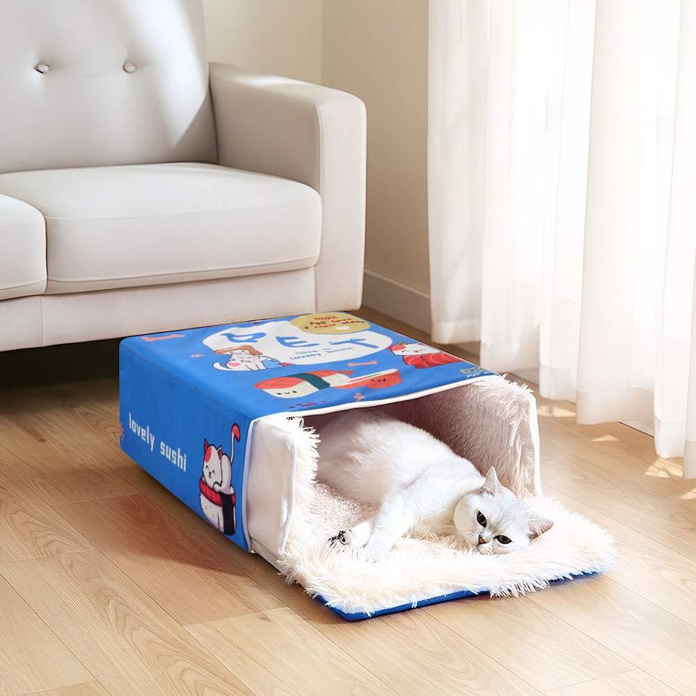 H&O Direct 37 x 43cm Blue Cute Snack Box Enclosed Cat Sleeping Bed Image 5