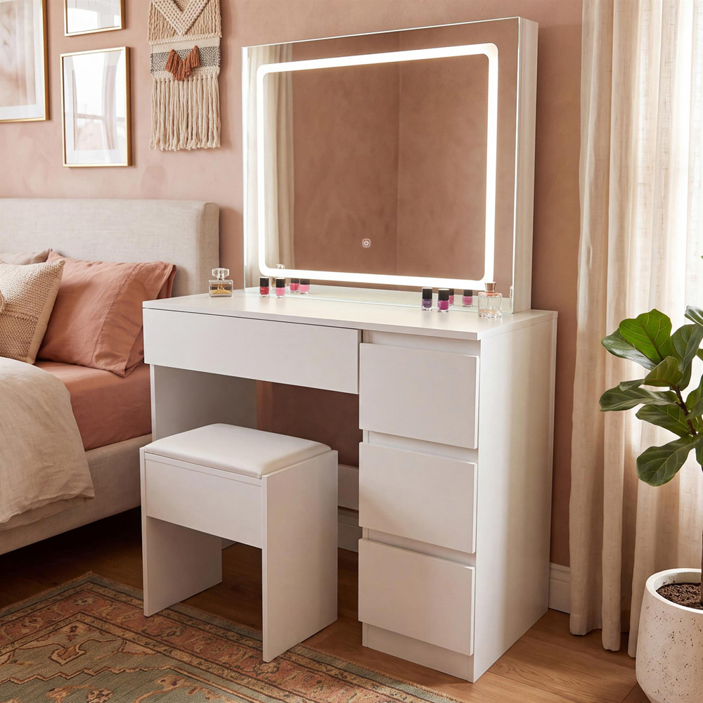 Portland 4 Drawer White Dressing Table Set with LED Mirror Image 4