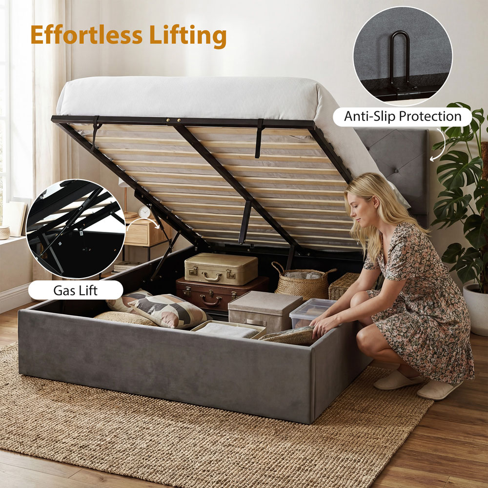 Portland Double Dark Grey Gas Lift-Up Bed Frame with Button-Tufted Headboard Image 4