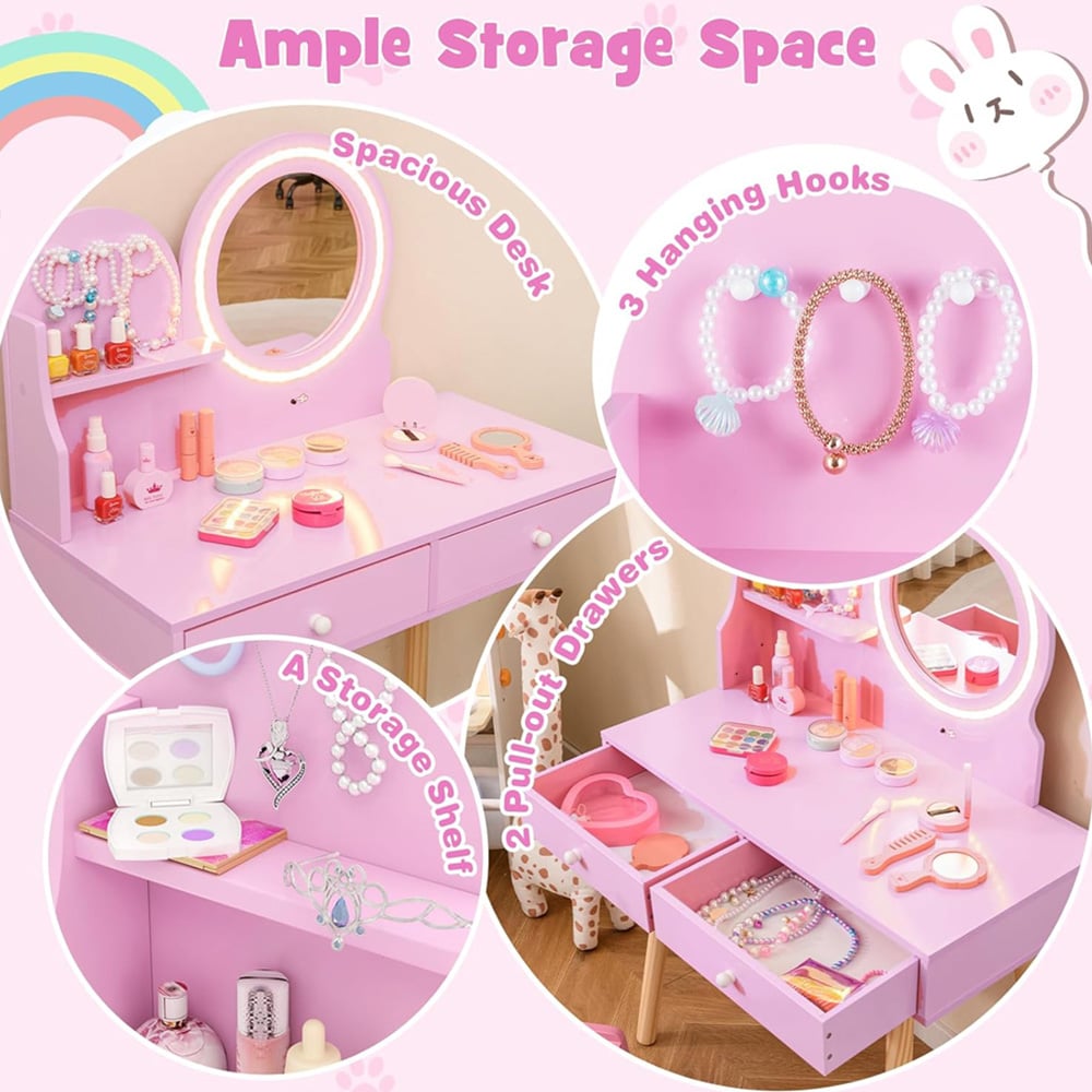 Costway 2 Drawer Pink LED Mirror Wooden Kid Vanity Set Image 5