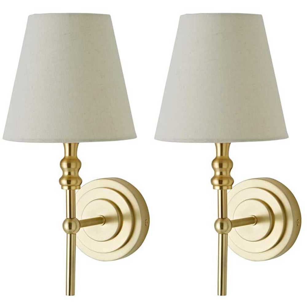 ValueLights Maggie Brushed Gold Candlestick Wall Lights with Shade and Bulb 2 Pack Image 1