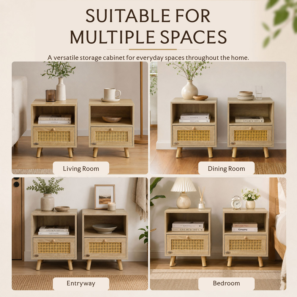Abrihome Single Drawer Single Shelf Natural Wooden Rattan Nightstand Set of 2 Image 8
