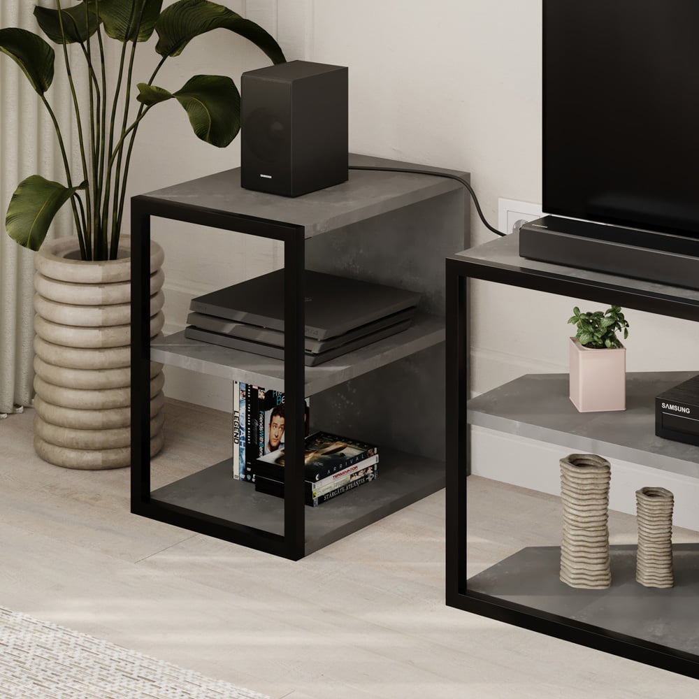 Decortie Echo 2 Shelf Retro Grey Metal Frame Modern TV Unit with 2 Side Table Image 4