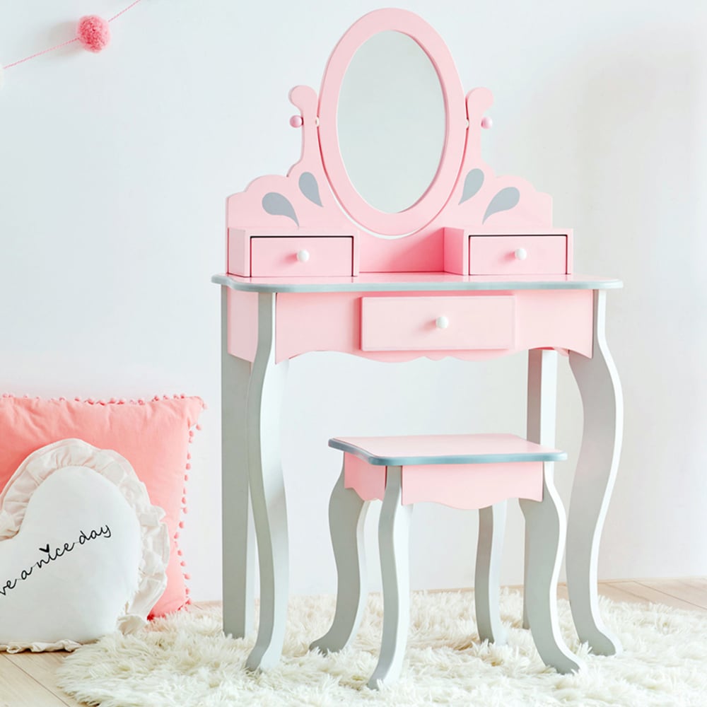 Teamson Kids Little Princess Pink and Grey Rapunzel Play Vanity Set Image 1