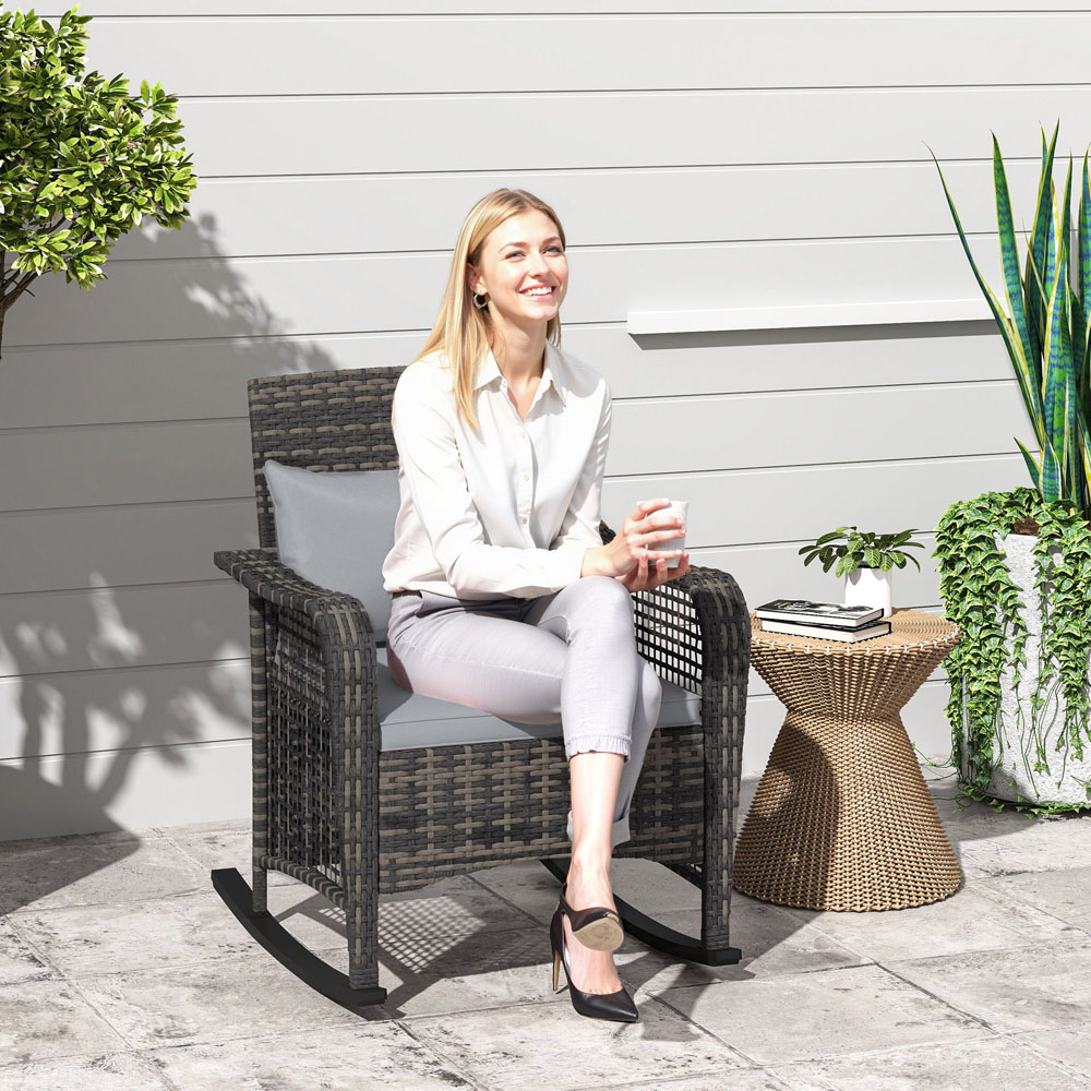 Outsunny Light Grey Rattan Garden Rocking Chair with Cushions Image 3