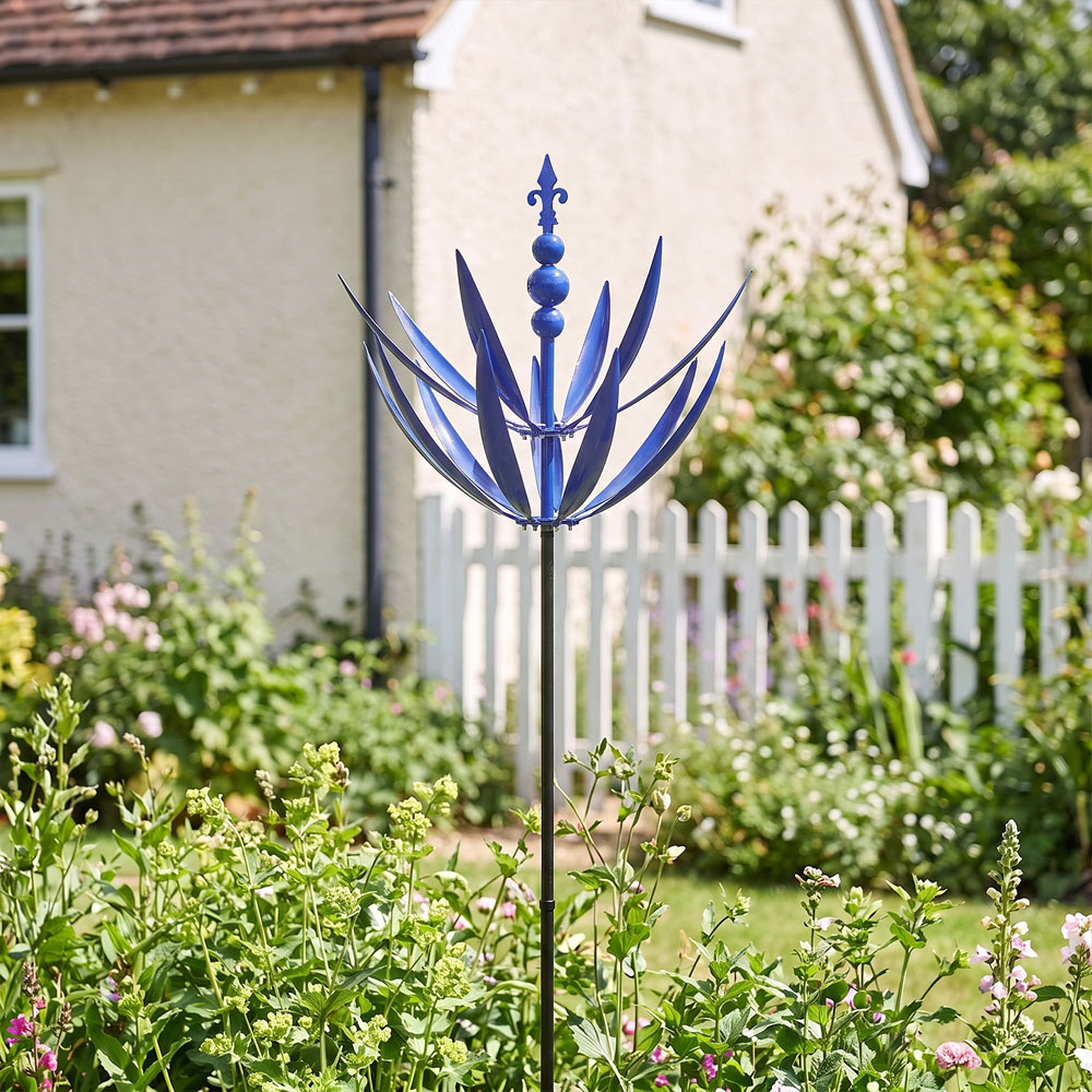 Living and Home Blue Metal Flower Wind Spinner with Double-Layer Petals Image 5