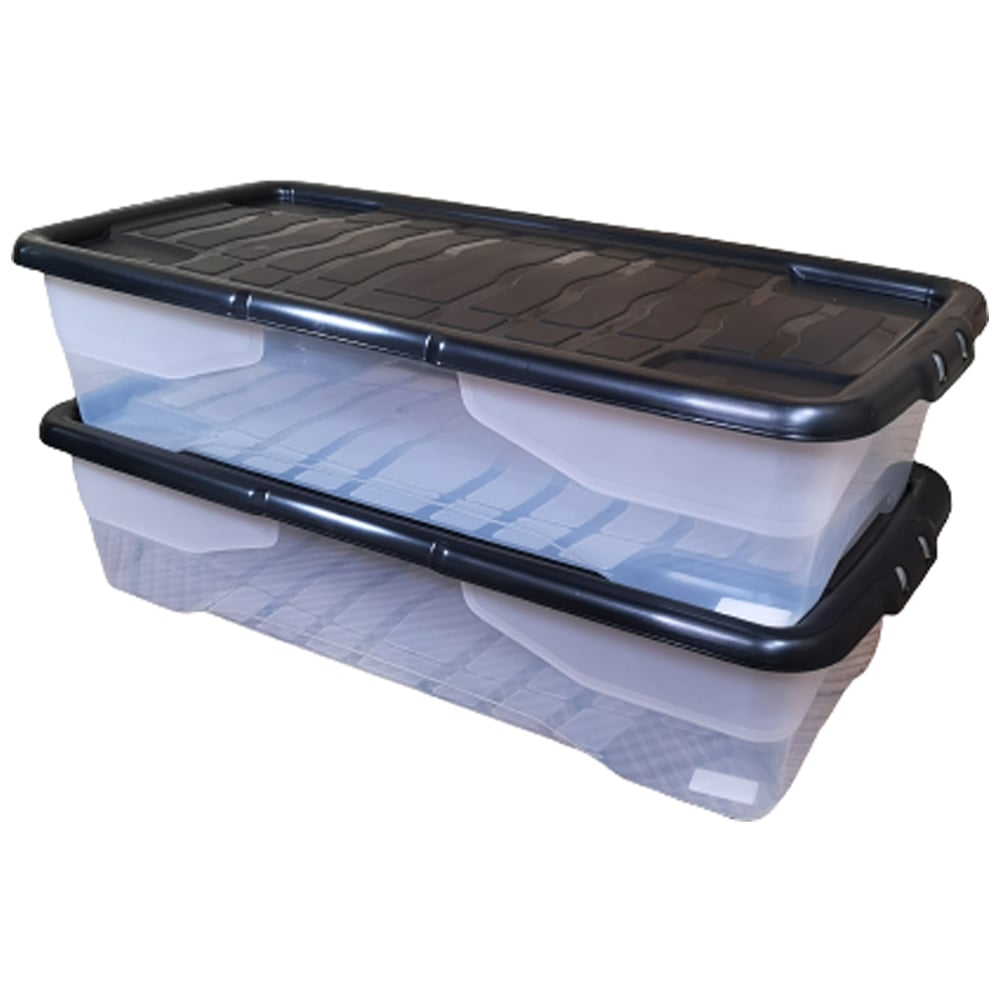 Samuel Alexander 42L Clear Under Bed Storage Box with Black Lid 2 Pack Image 1