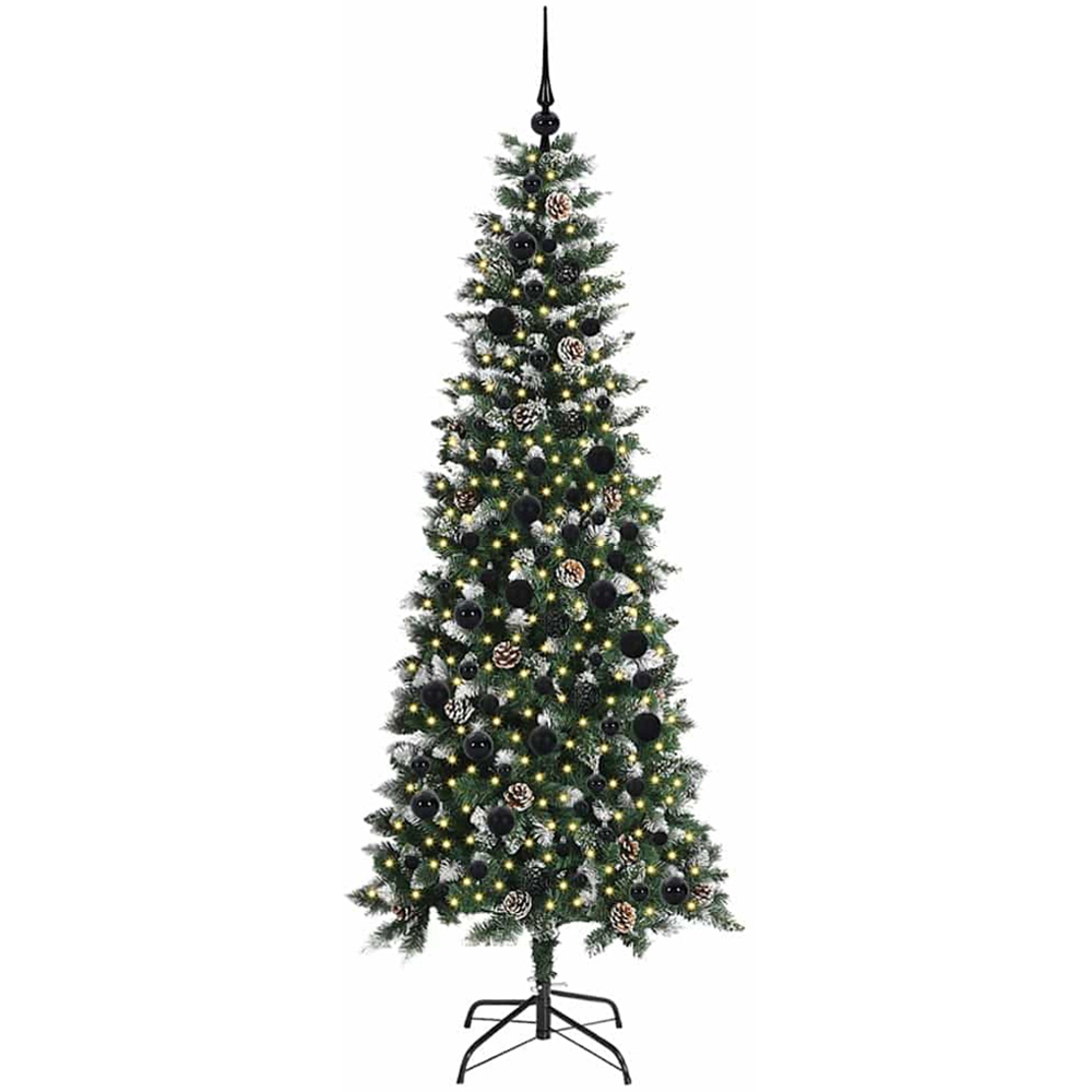 vidaXL Pre-Lit Black Baubles Green Artificial Snow Tipped Christmas Tree 7ft Image 1
