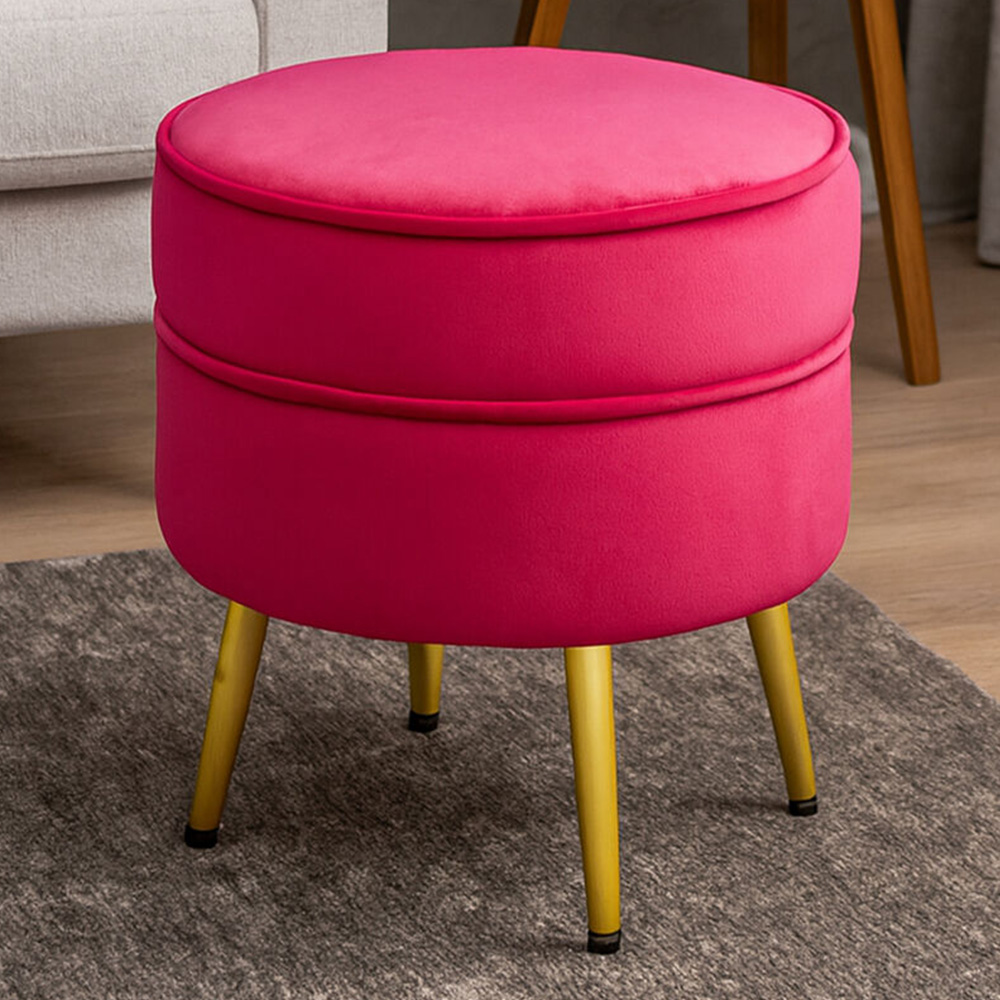 Premier Housewares Tamra Round Bright Pink Velvet Gold Leg Footstool Image 1