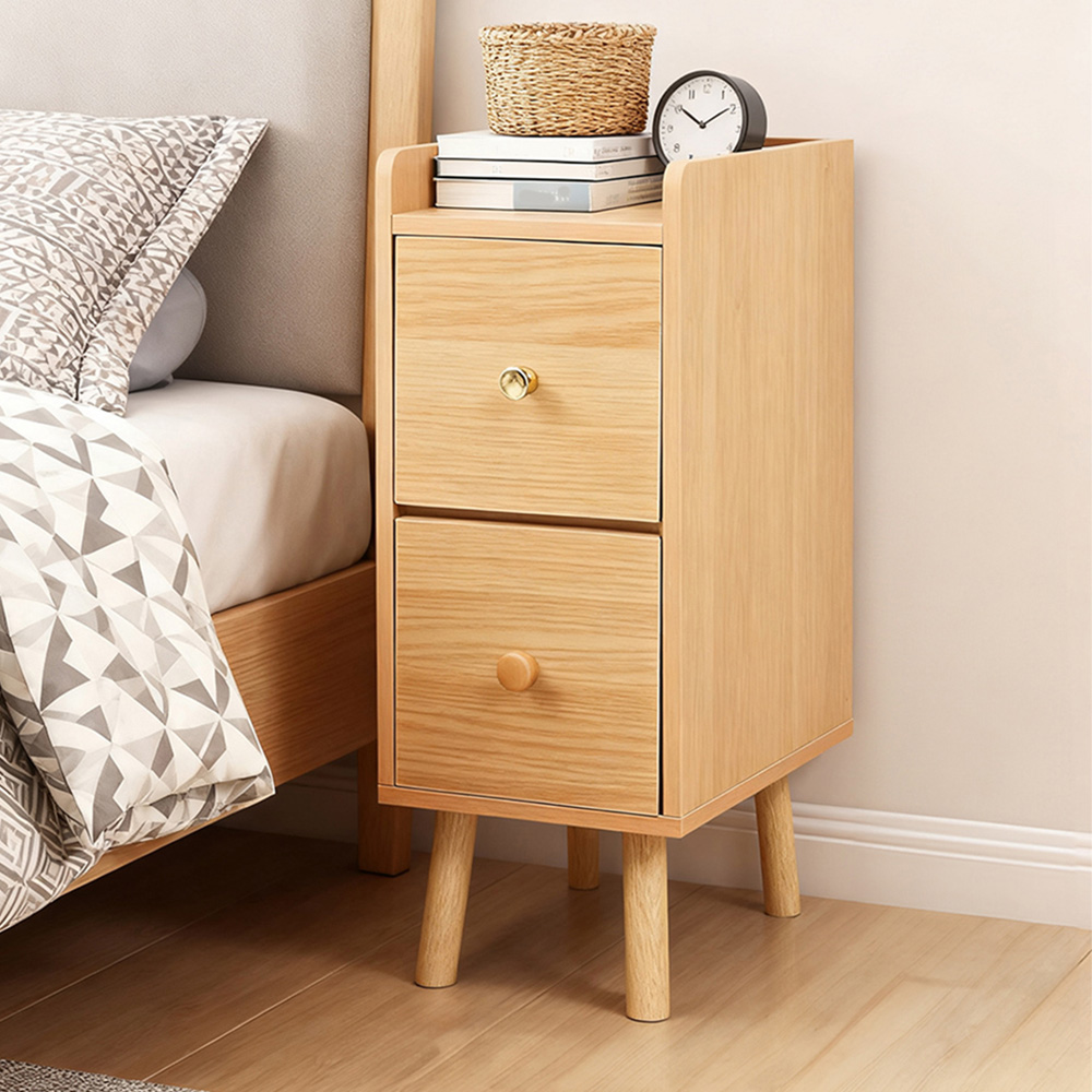 Living and Home 2 Drawer Natural Wooden Bedside Table with Raised Edge Guard Image 1