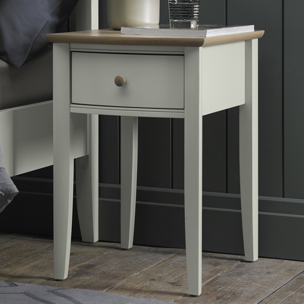 Bentley Designs Whitby Single Drawer Scandi Oak and Soft Grey Bedside Table Image 1