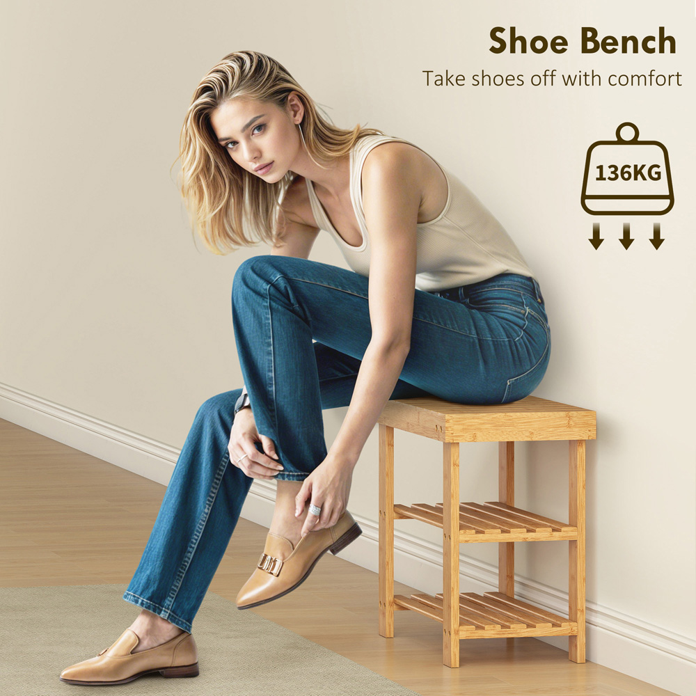 Portland 2 Shelf Wood Finish Bamboo Entryway Shoe Bench Image 8