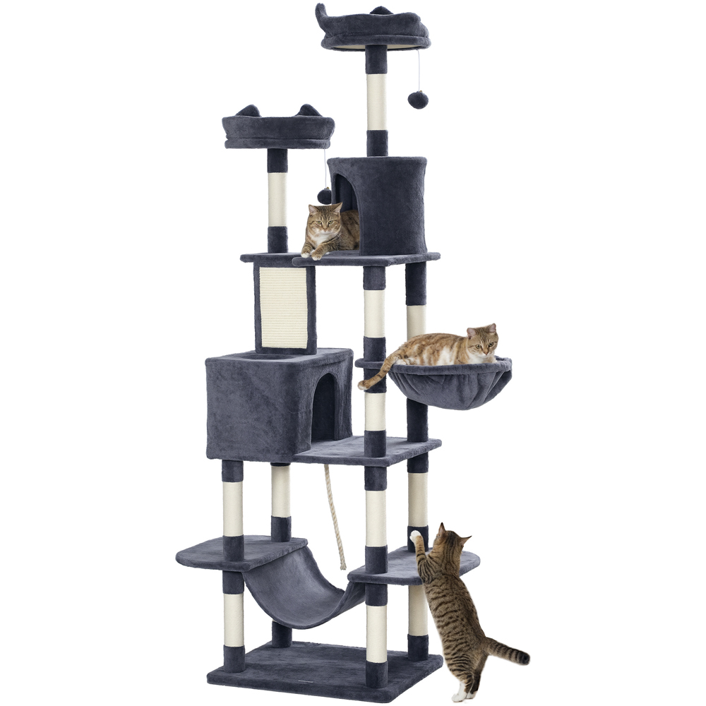 PawHut Dark Grey Double Condos Cat Tree with Scratching Post Bed and Hammock 206cm Image 3