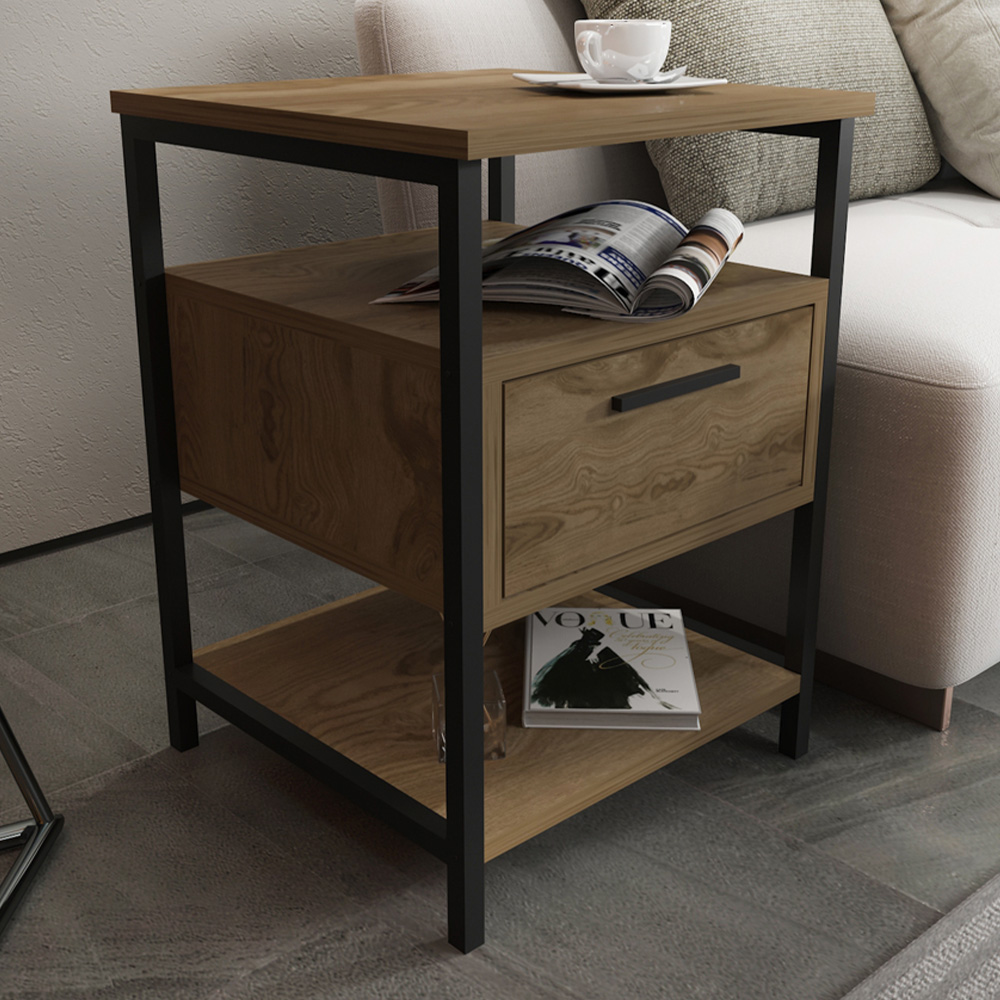 Decorotika Alba Single Drawer 2 Shelf Oud and Black Side Table Image 1