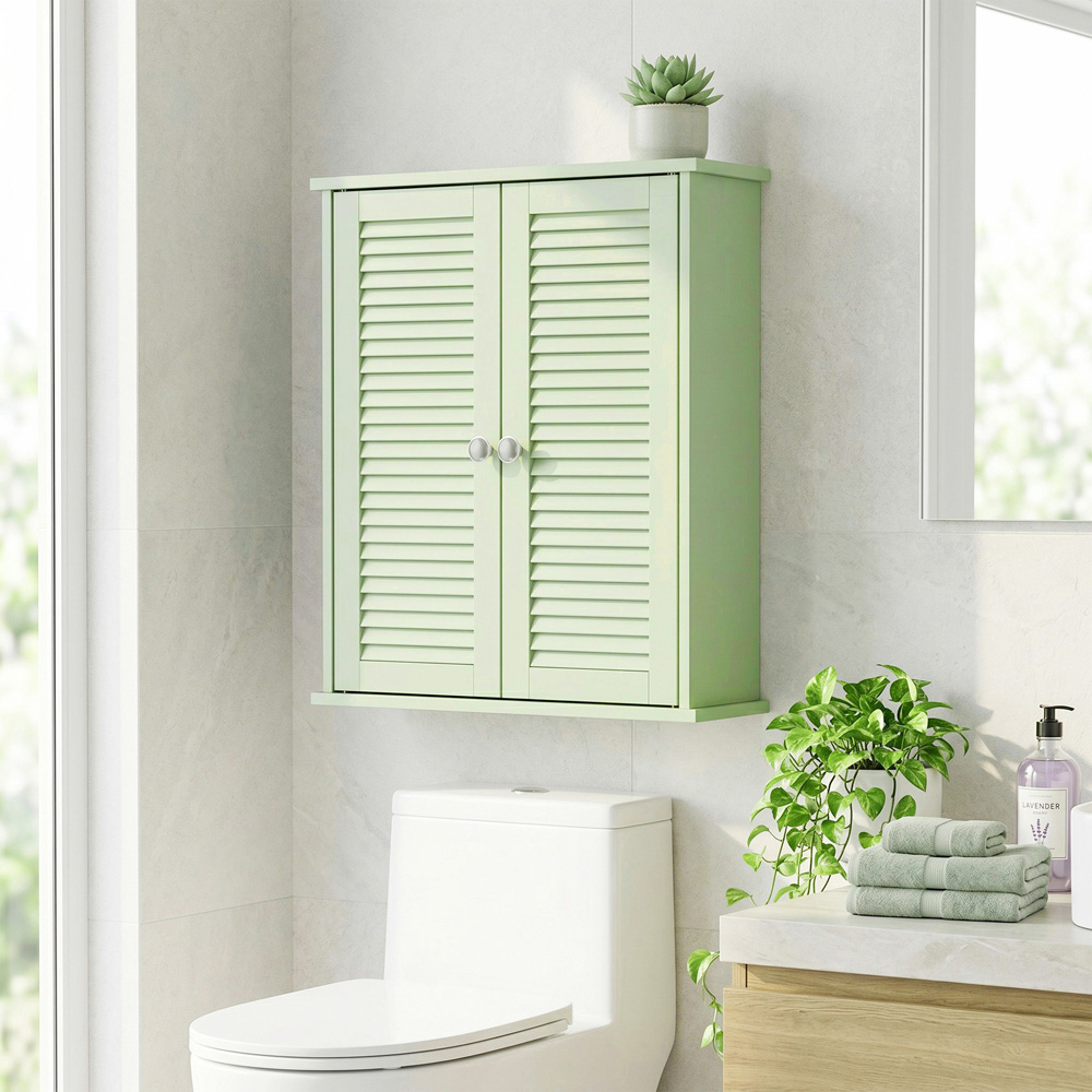 HOMCOM 2 Louvered Door Light Green Wall-Mounted Bathroom Cabinet Image 2