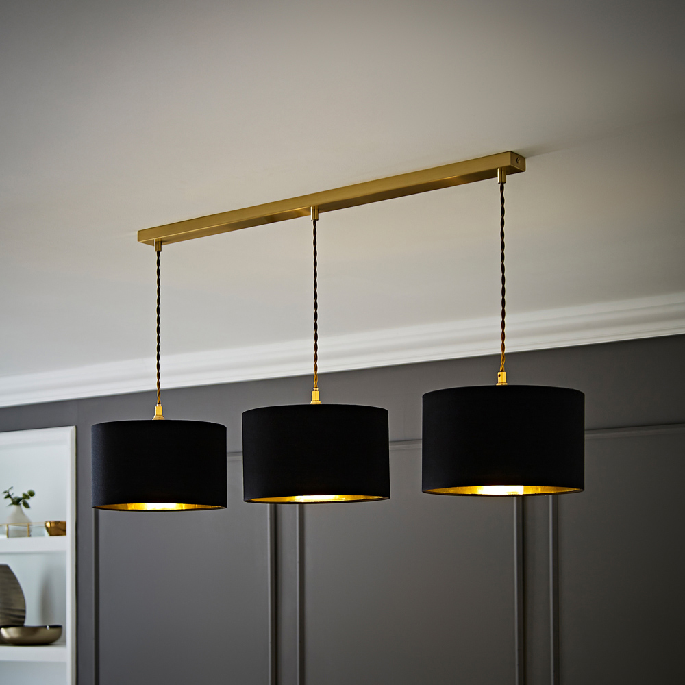 ValueLights Reni Black and Gold Drum Shade 3 Drop Bar Gold Diner LED Ceiling Lights Image 2