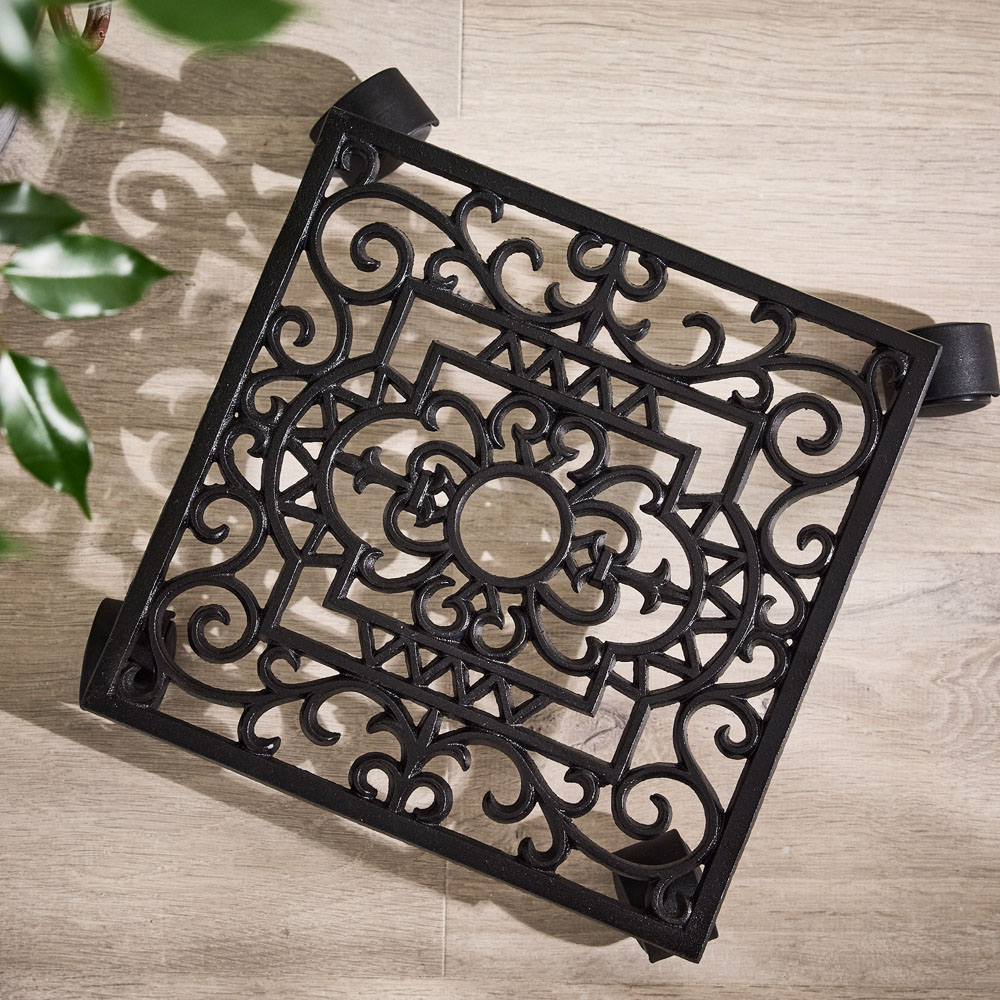 Dibor Oak Brown Cast Iron Spiral Motifs Rolling Plant Stand Image 3