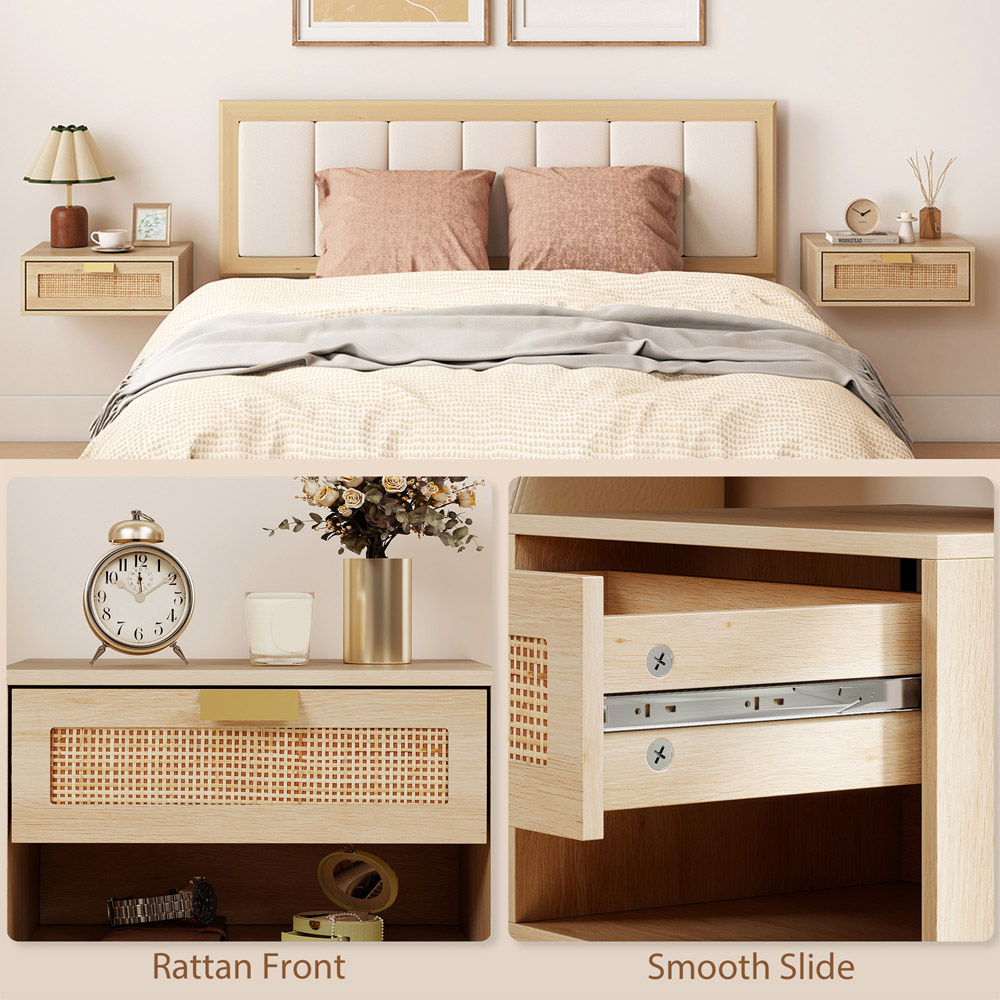 Portland Single Drawer Oak Effect Natural Rattan Boho Floating Nightstand Set of 2 Image 7