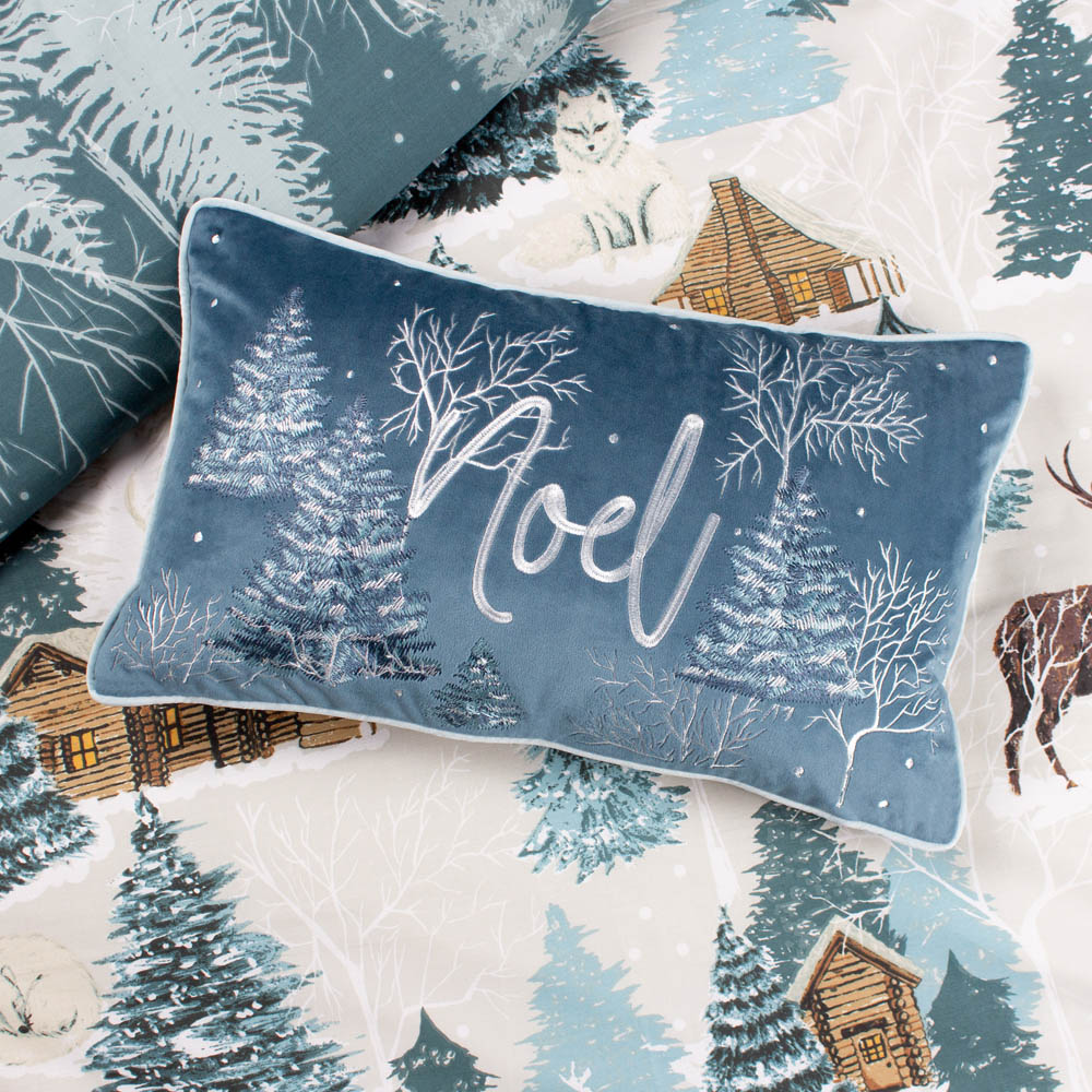 Furn Arcticus Blue Noel Embroidered Piped Velvet Reversible Cushion 30 x 50cm Image 2