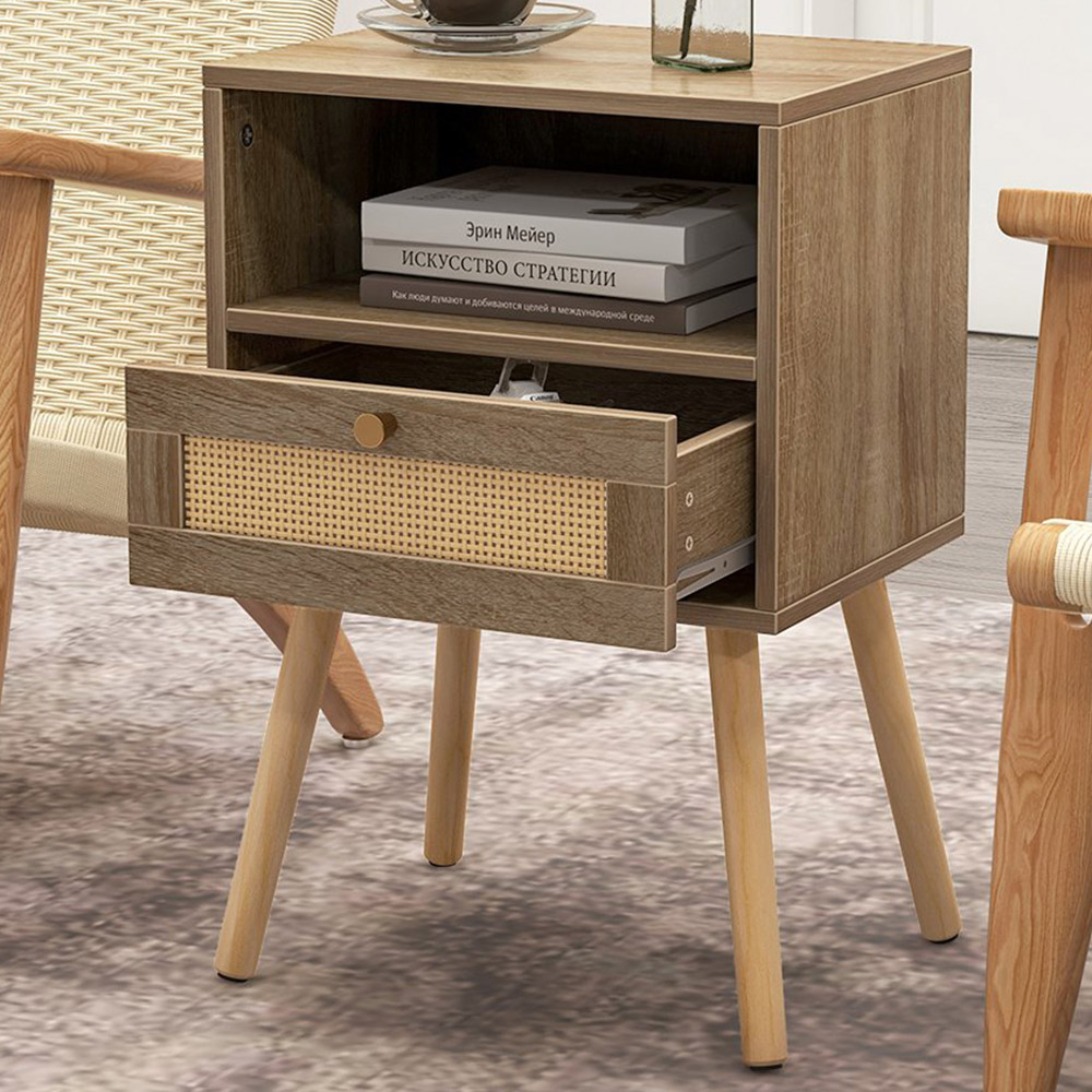Costway Single Drawer Single Shelf Natural Rattan Bedside Table Set of 2 Image 1