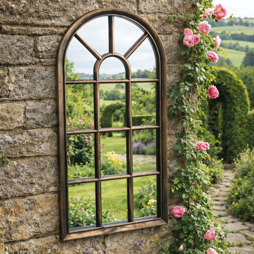 Avilo Antique Bronze Effect Arched Garden Wall Mirror 70 x 35cm Image 2