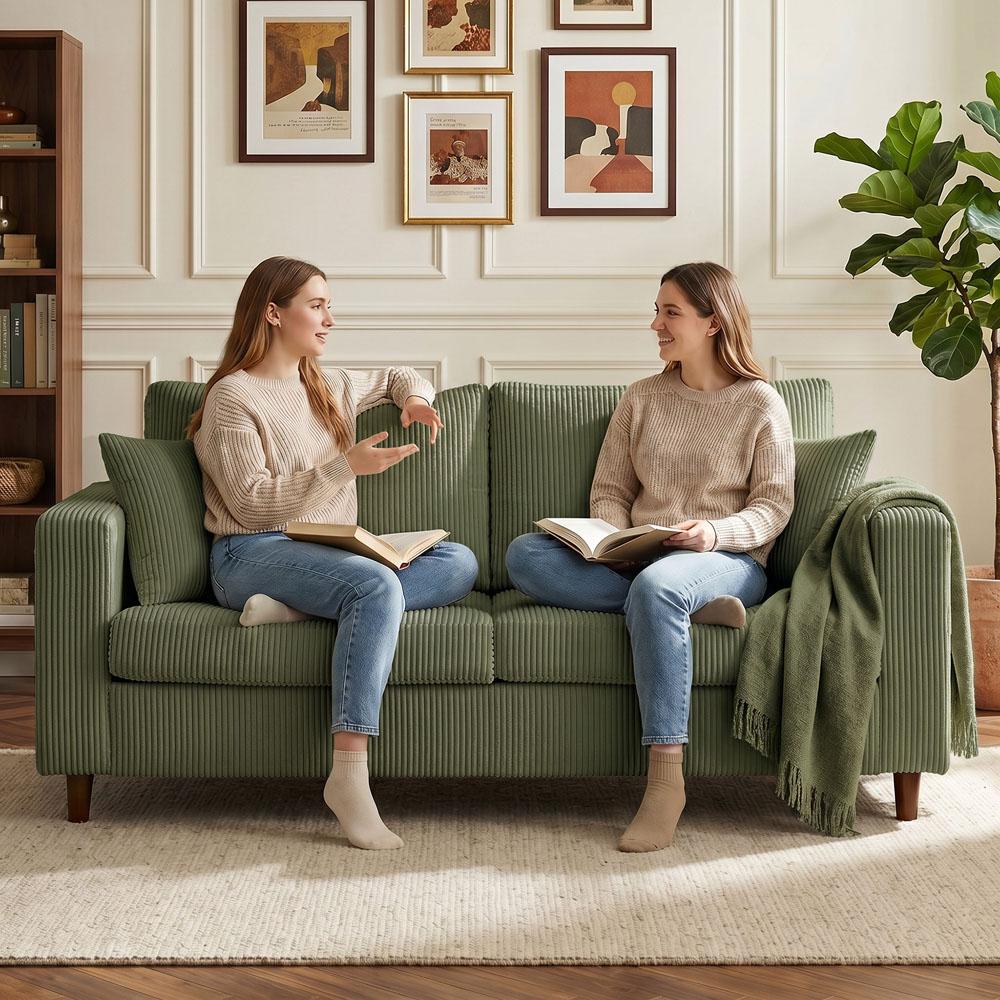 HOMCOM 2 Seater Green Corduroy Upholstered Wide Seat Loveseat Sofa Image 3