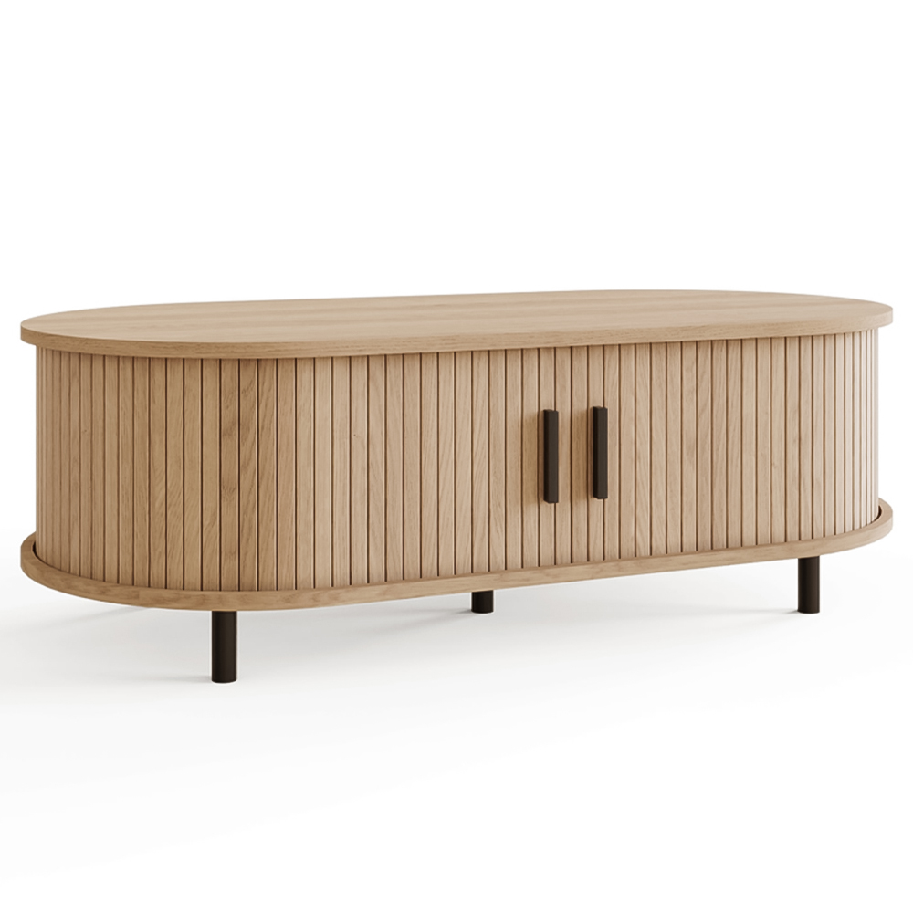 GFW Omari 2 Tambour Sliding Door Oak Slatted Coffee Table Image 2