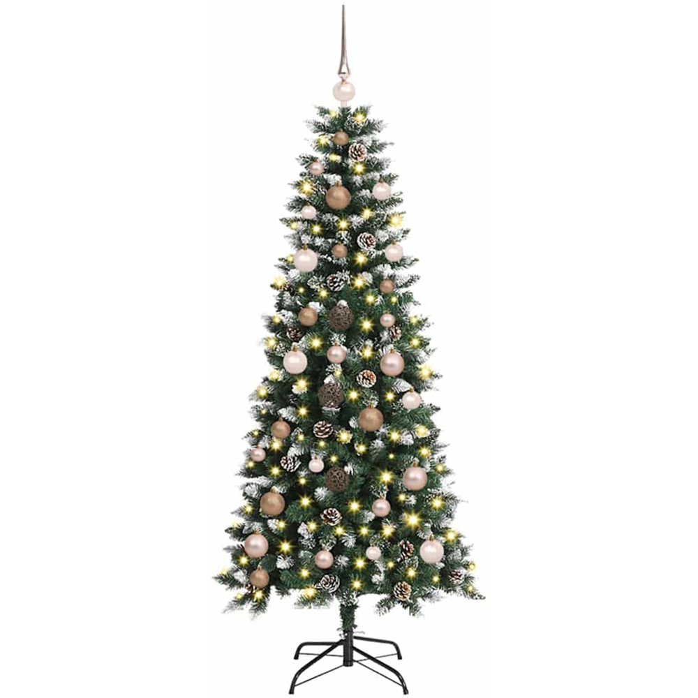 vidaXL Pre-Lit Rose Gold Baubles Green Artificial Snow Tipped Christmas Tree 5ft Image 1