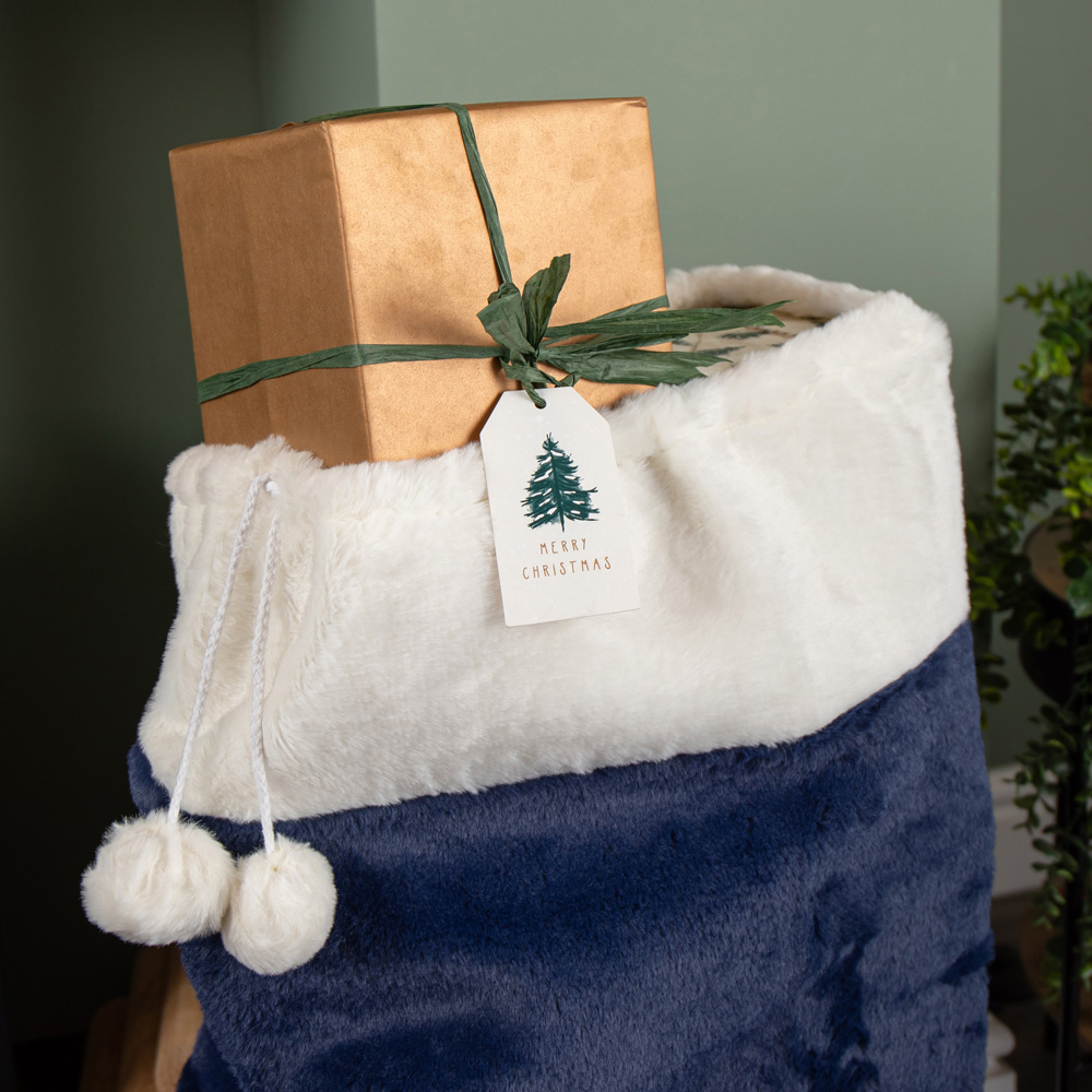Samuel Alexander Blue Plush Christmas Sack with White Faux Fur Trim and Pom Poms 80 x 55cm Image 3