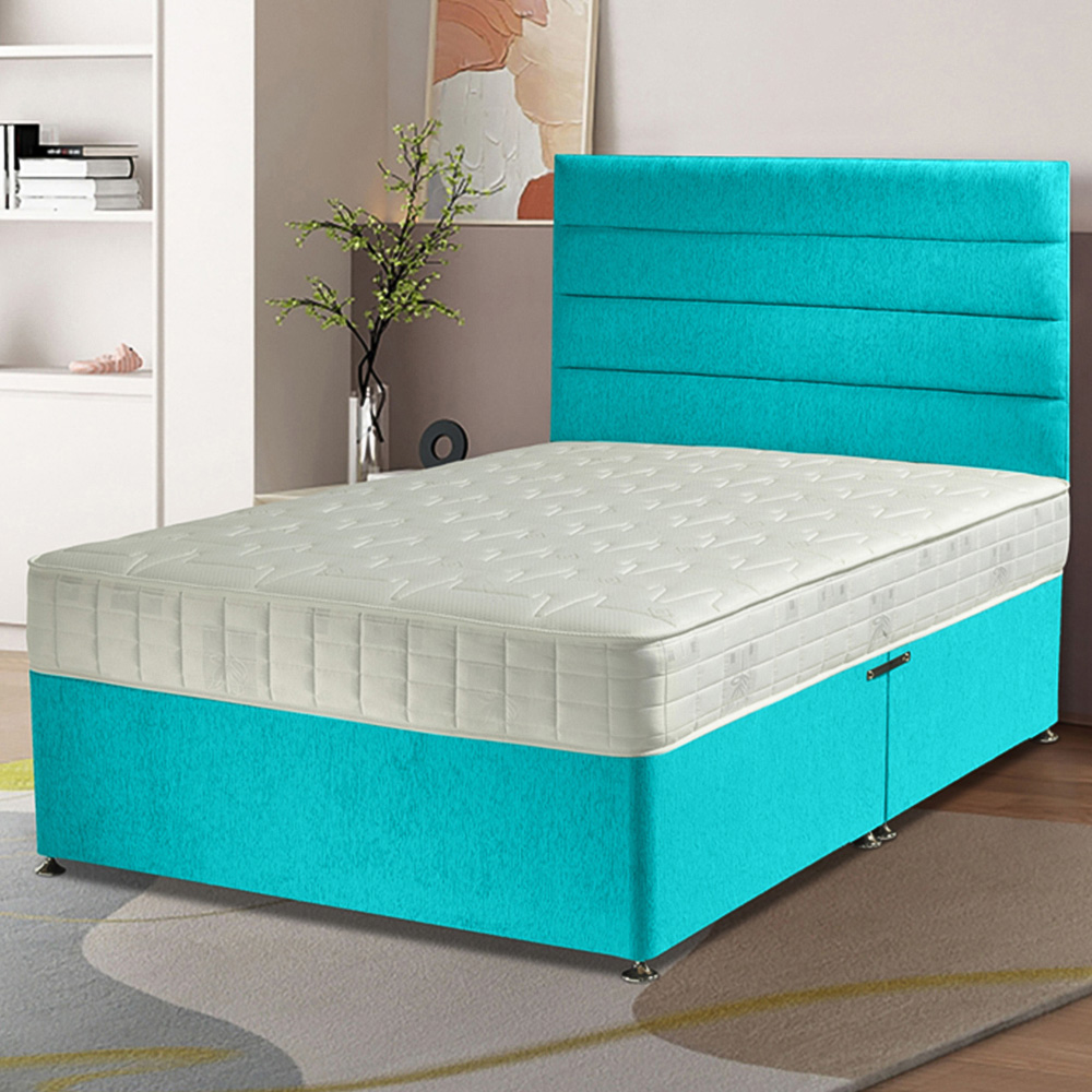 Eleganza Home Dozer Single Teal Plush Velvet Divan Bed with Lined Headboard Image 1