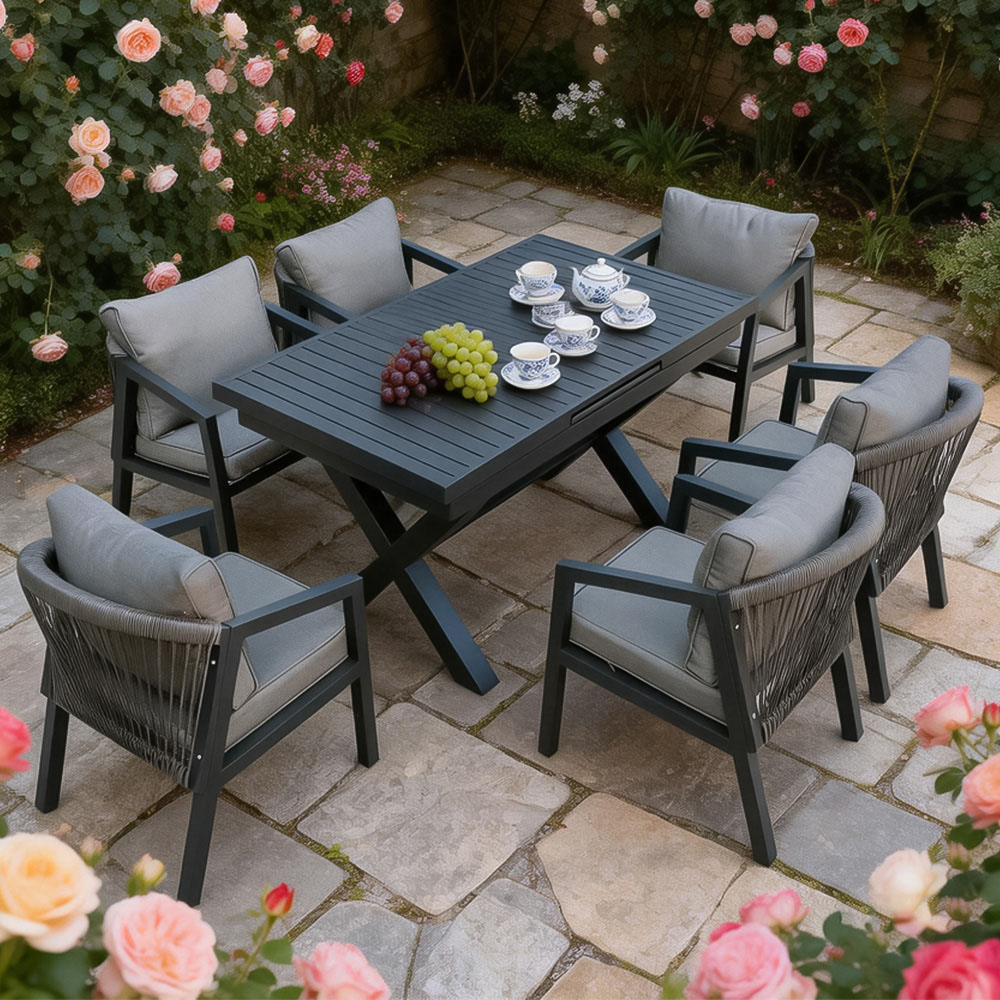 Furniture One 6 Seater Grey Aluminium Extendable Garden Dining Set Image 1