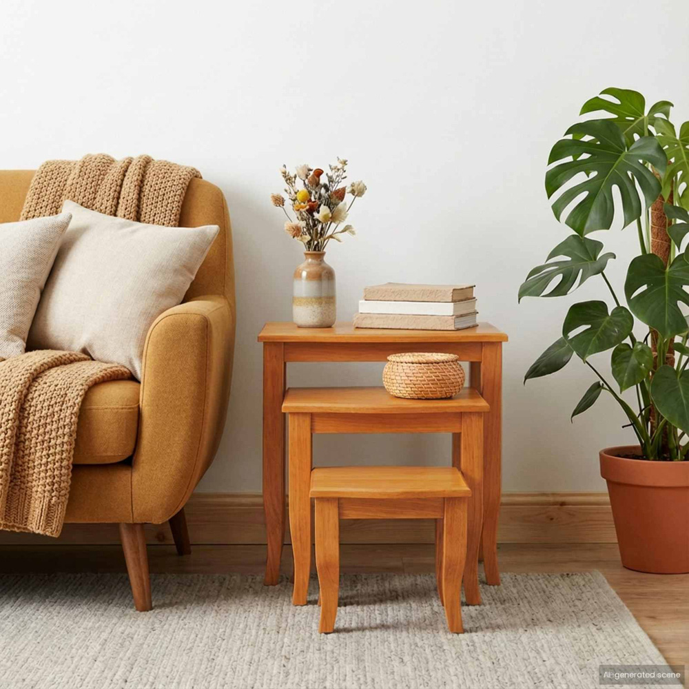 vidaXL Natural Solid Mahogany Wood Nest of Tables Set of 3 Image 9