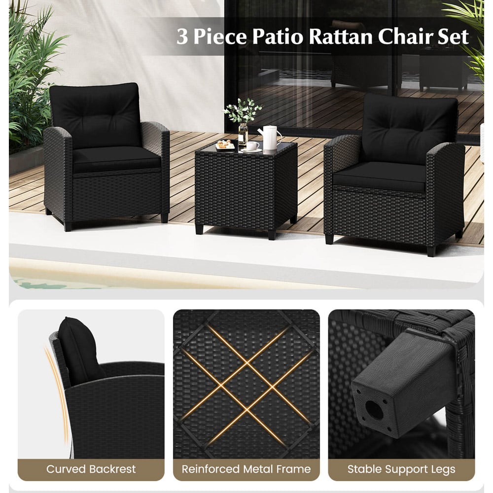 Costway 2 Seater Black Rattan Patio Furniture Set with Cushion Image 5